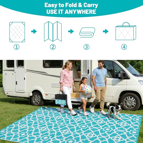 HEBE Outdoor Rug Waterproof 8x10, Plastic Straw Rug Camping Rug, Reversible Outdoor Patio Rugs RV Mat Clearance, Indoor Outside Floor Carpet for Porch,Deck,Camper,Balcony,Backyard - color: Teal, size: 8' x 10' (Rectangular)