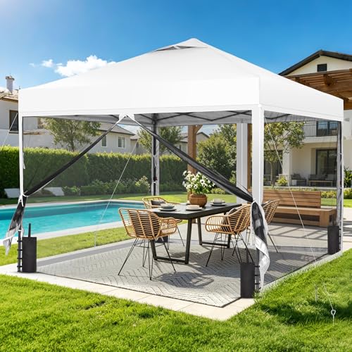 GDY 10x10 Pop up Canopy Tent with Mosquito Netting, Easy up Gazebo for Patio, Camping and Garden, Includes 4 Sandbags, White - color: White, size: 10x10 with Mosquito Netting