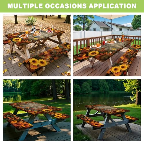 ANNA QUEEN Autumn Harvest Picnic Table Cover Set, 6FT Rustic Fall 3PCS 72"x30" Waterproof Tablecloth with Bench Covers for Camping Thanksgiving & Outdoor Events - color: #6
