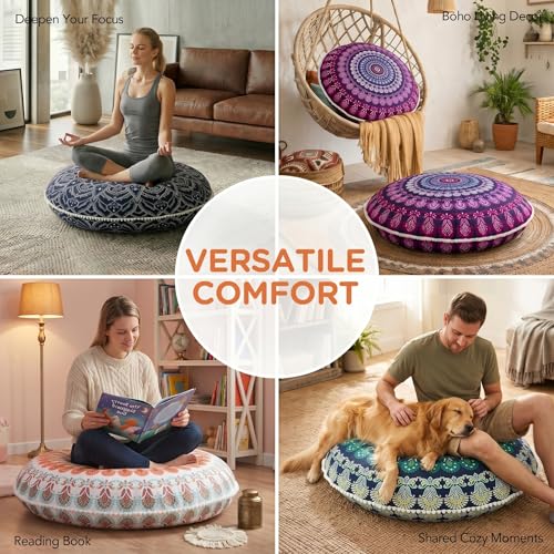 Codi Meditation Floor Pillow, Round Large Pillows Seating for Adults, Bohemian Mandala Circle Cushion for Outdoor Fireplace Yoga Living Room, 32 Inch, Memory Foam Added, Green - color: Round | Green, size: 1 Count (Pack of 1)