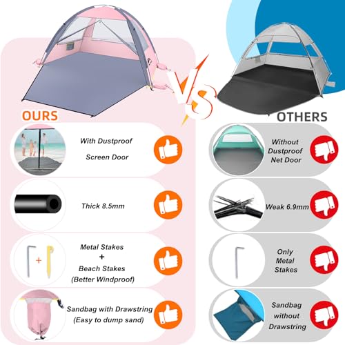 Happy Travel Beach Tent Sun Shelter for 3/4/5/6/7/8 Person, Portable UPF 50+ UV Protection Beach Shade Canopy for Family & Baby, Lightweight & Easy Setup Beach Cabana with 3 Ventilation Mesh Windows - color: Pink, size: 3 Person