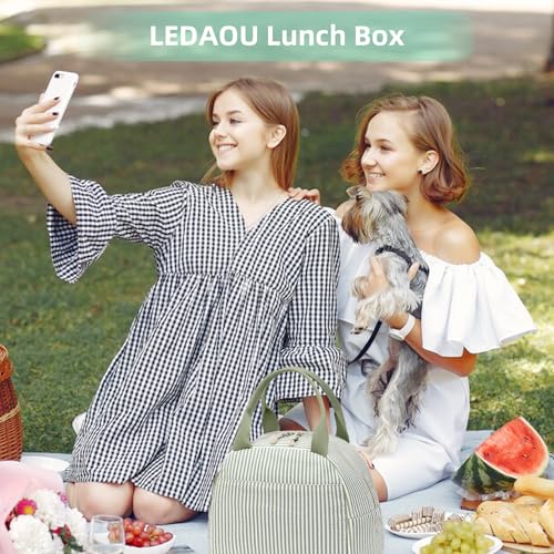 LEDAOU Lunch Box for Women Insulated Lunch Bag Lunch Tote Bags Leakproof Cooler Lunch Case for Travel Work Picnic - color: Green White Stripe