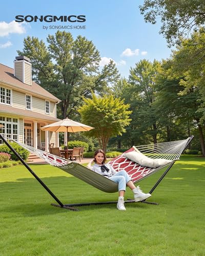 SONGMICS Hammock, Quilted Double Hammock with Padded Pillow, 78.7 x 55.1 Inches, 495 lb Weight Capacity, Portable for Outdoor Relaxation, Garden, Patio, and Camping, Red UGDC034R02V1 - color: Red