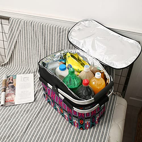 Insulated Picnic Basket 26L Portable Collapsible Market Leakproof Tote with Aluminum Handle for Camping, Shopping, Travel, Large Size (Purple) - color: Purple
