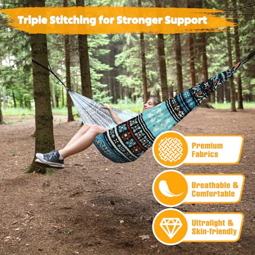 NATUREFUN Ultra-Light Travel Camping Hammock | 300kg Load Capacity,Breathable,Quick-Drying | 2 x Premium Carabiners,2 x Nylon Slings Included | Outdoor Indoor Garden - color: Bohemia, size: 275x140cm