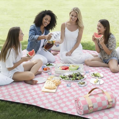 Nuanchu Checkered Picnic Blanket Extra Large Outdoor Blanket Sandproof 80"x80" Waterproof Portable Machine Washable 3 Layer Thick Gingham Picnic Mat for Beach Camping Park Grass Travel (Light Pink) - color: Light Pink