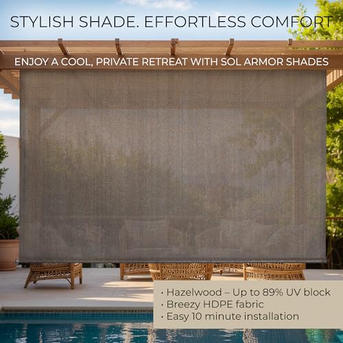 Outdoor Patio Roll Up Shade for Use on Exterior Porch, Patio, Window and More | High Density Polyethylene Privacy Screen Blocks 89% of UV Rays | Hardware Included | 7 ft Wide | Hazelwood - color: Hazelwood, size: 84"W x 72"H