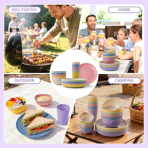 SHECIPIN 24-Piece Wheat Straw Dinnerware Set, Large Round Plates, Bowls and Cups, Unbreakable dish set, Dishwasher and Microwave Safe, Outdoor Camping Dishes - color: Colorful+ dipping sauce cups