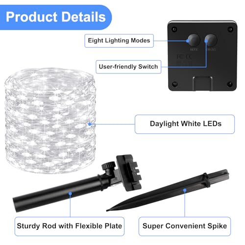 Brightever Solar String Lights, 2-Pack Total 80FT 200LED Solar Fairy Lights with 8 Lighting Modes, Solar Lights Outdoor Waterproof for Christmas Wedding Party Tree Yard Decoration (Daylight White) - color: White, size: 2Packs（40FT 100LED）