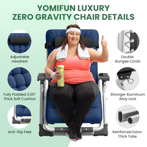 Oversized Zero Gravity Chair XL, 29In Padded Lounge Recliner Camping Chair with Removable Cushion, Adjustable Headrest, Storage Bag, Footrest, Cup Holder & Full Aluminum Lock, Supports 450 lbs, Blue - color: 29in - Blue-1