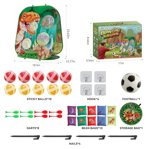 4-in-1 Dinosaur Bean Bag Toss Game for Kids, Cornhole Board Set with Dart Board for Toddler Outdoor Toys, Family Party Game Backyard Beach Lawn Activities Gift for Boys & Girls Ages 3 4 5 6 7 8 - color: Dinosaur
