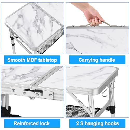 YUFIFAIRY Small Folding Camping Table, 2ft Portable Table with 3 Adjustable Heights, Aluminum Lightweight Foldable Picnic Table with Mesh Layer and Extension Legs for RV, BBQ and Indoor - color: White Marble Top & Silver Frame