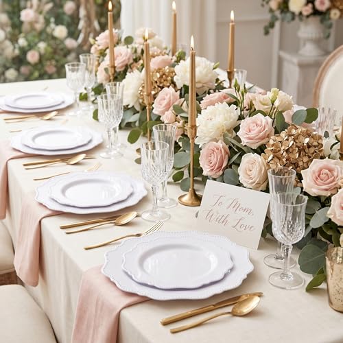 COLOSUS 100 pcs White Plastic Plates Set,Fancy Beaded Plates-European Retro plates include 50 dinner plates and 50 dessert plates,Plastic Disposable plates for BBQ and Party - color: White