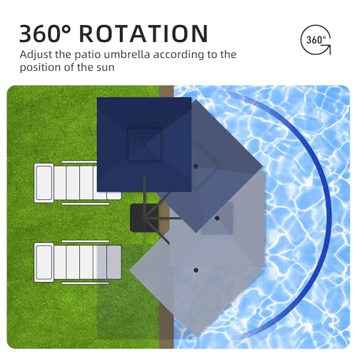 JZAC & QZYD 9x9 FT Outdoor Cantilever Patio Umbrella with Solar LED Lights, Large Heavy Duty 2-Tier Canopy Square Aluminum Offset Umbrellas with 360-Degree Rotation for Pool Deck Backyard, Navy - color: Navy, size: 9'×9'