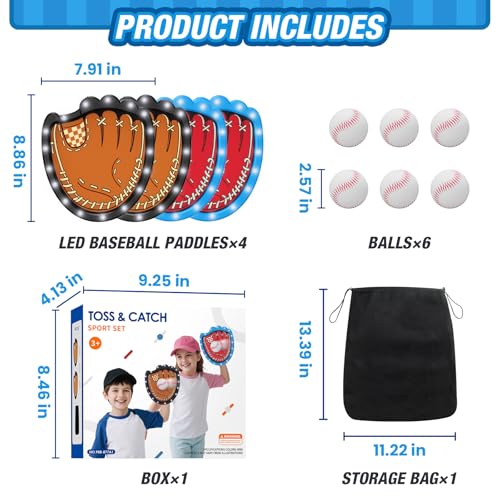 HYES Toss and Catch Ball Game Set, Light Up Baseball Toys Outdoor Pool Beach Yard Camping Games for Family, Toddler Glow in the Dark Baseball Gifts for Boys Girls Ages 3-12 (4 Paddles & 6 Balls) - style: 4 pack with light