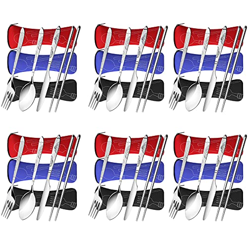Arroyner 6 Pack Reusable Flatware Sets Knife, Fork, Spoon, Chopsticks, 24Pcs Portable Travel Stainless Steel Tableware Dinnerware with Carrying Case - size: 6Pack-24PCS