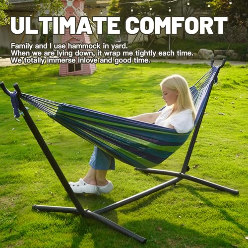 Hammock with Heavy-Duty Steel Stand for Outside，Hammocks 450 Lb Capacity，Portable Hammock，2 People Standing Hammocks，Suitable for Beach，Backyard, Gardens, Patio, Bedroom，100 * 40 * 38 Inch (Blue)