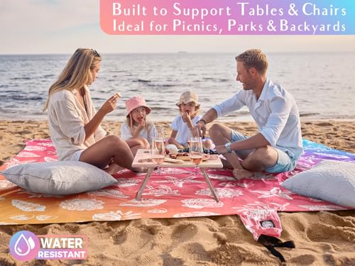 WEKAPO Beach Blanket Waterproof Sandproof Oversized, Extra Large Beach Mat Sand Free, Lightweight & Compact Sand Free Mat with 5 Stakes & 4 Corner Pockets - color: Gradient-pinkpurple Sea Shells, size: 8 x 7 FT (1～4 person)