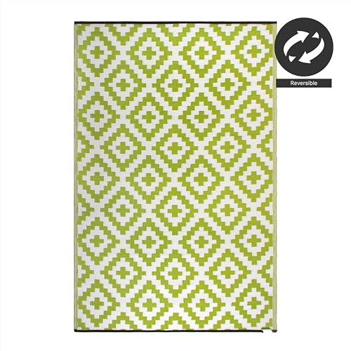 FH Home Outdoor Rug - Waterproof, Fade Resistant, Reversible - Premium Recycled Plastic - Geometric - Patio, Porch, Deck, Balcony - Aztec - Green & White Crease Free - 5 x 8 ft - color: Aztec - Green & White, size: 5' x 8' (Rectangular)