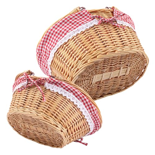 2 Pack 14.2 & 12.6 Inch Natural Wicker Basket with Linen Cotton Cloth Lining, Oval Wicker Woven Basket with Handle, Willow Woven Picnic Baskets for Picnic, Camping, Party - size: 2 Pack 14.2in&12.6in Natural(Round willow)
