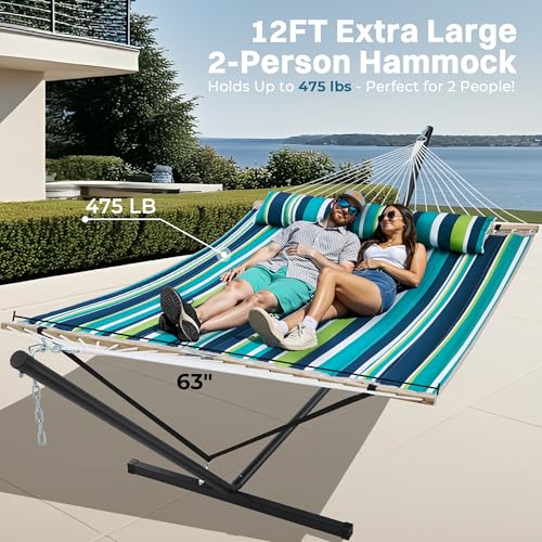 SUPERJARE Hammock with Stand, 2 Person Quilted Outdoor Hammock, Detachable Pillow & Bamboo Spreaders, Portable Hammock with Carrying Bag, Heavy Duty Stand, Perfect for Outside, Patio, Dark Cyan - color: Dark Cyan, size: 62.9"W × 78.7''D × 43.3''H