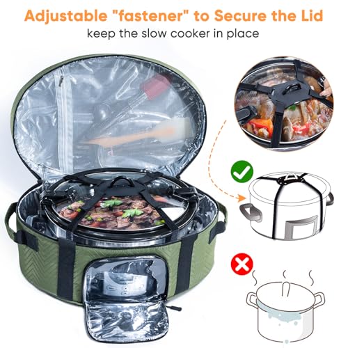 Insulated Slow Cooker Carrying Bag for 6-8 Quart CrockPot and Hamilton Beach Slow Cooker with See-thought Window, Portable Carrier Case with Adjustable Band and Accessory Pocket - color: Green