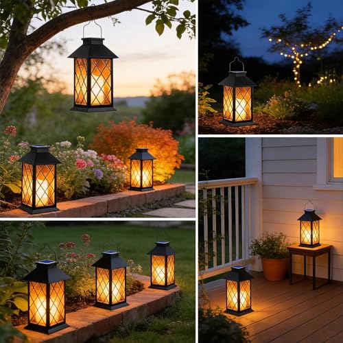 Solar Lanterns Outdoor Waterproof, 2 Pack 9" Glass Hanging Solar Lights with Flickering Flameless Candle, Outdoor Lanterns for Patio Wall Porch Table Garden Tree, Gift for Women Mom - Black - size: Black 9"