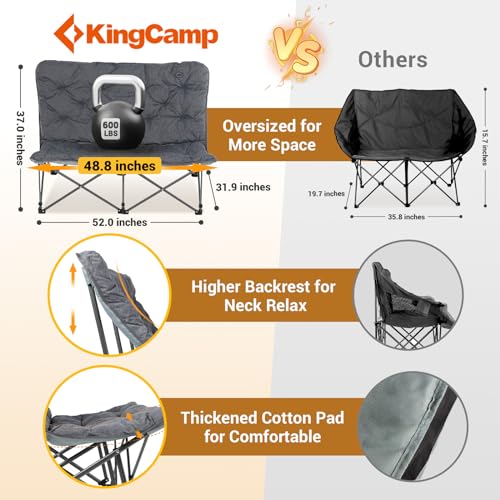 KingCamp Double Camping Chair, Oversized Padded Butterfly Chair Couch Portable Folding Loveseat 600lbs Heavy Duty Comfy Dorm Double Seat with High Back for Outdoor Indoor Patio Home Living Bed Room - color: Xxl 2 Person Grey