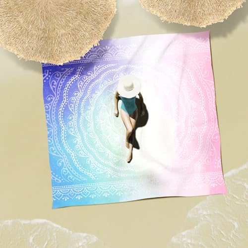 Sunlit Silky Soft Sand Proof Beach Blanket 106"x81" / 85"x72" Sand Proof Mat with Corner Pockets and Mesh Bag for Beach Party, Travel, Camping and Outdoor Music Festival, Mandala - color: Center Mandala-blue Pink, size: 120"x108"