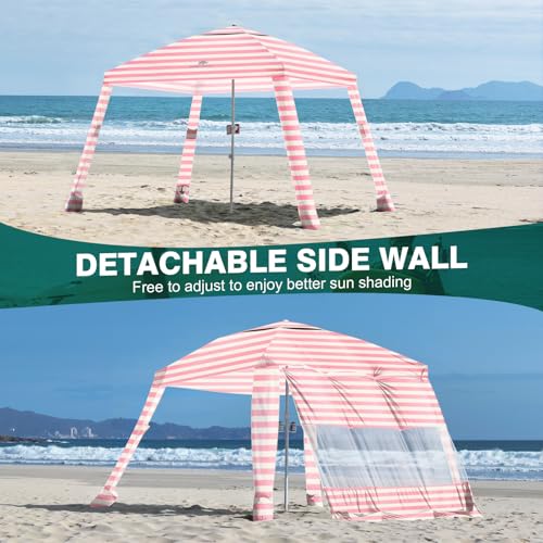 Rhino Valley Beach Cabana, 8 * 8FT Beach Tent UPF50+ Protection, Easy Setup Beach Canopy Wind Resistant with Cup Holder, Compact Beach Shade Foldable Beach Tent Sun Shelter, Pink & White Stripes - color: Pink & White Stripes