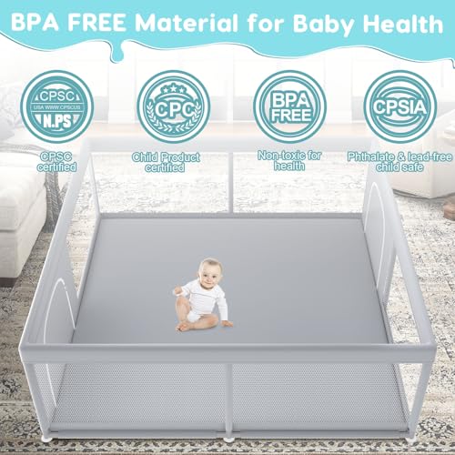 Fshibila 79" ×79" Extra Large Baby Playpen, Baby Playard for Babies and Toddlers, BabyFence Play Pens for Indoor & Outdoor, Sturdy Safety Play Yard with Soft Breathable Mesh, Anti-Fall, Grey - color: Grey, size: 79 x 79 IN