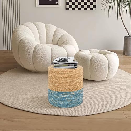 16'' Round Ottoman Natural Seagrass Braided Poof Hand Weaving Round Ottomans Boho Footrest Stool for Home Living Room Bedroom Patio(Natural&Blue) - color: Natural&blue