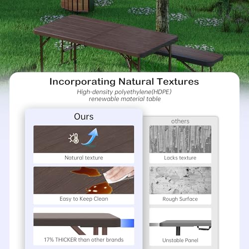 VSOAEIL Folding Table 4 Foot for Indoor Outdoor, Portable Heavy Duty Fold-in-Half Utility Small Plastic Adjustable Height Folding with Carrying Handle for Picnic Camping and Party, Brown - color: Brown, size: 4 Ft - 1 Pack