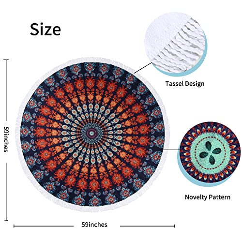 Benefeet Sox Beach Towel Large Round Mandala Pool Towels Tassels Microfiber Quick Dry Beach Blanket Throw Bohemian Roundie Swim Pool Circle Towel, 59 Inches - color: Mandala, Blue Orange