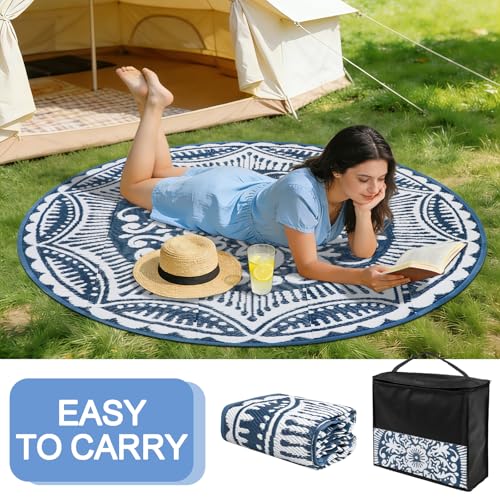 Capslpad 5x5 Floral Outdoor Rug for Patio Clearance Reversible Mat Round Portable Plastic Straw Carpet Waterproof Boho Indoor Outside Area Rugs for RV Camping Picnic Balcony Beach Deck, Blue - color: Blue, size: 5' (Round)