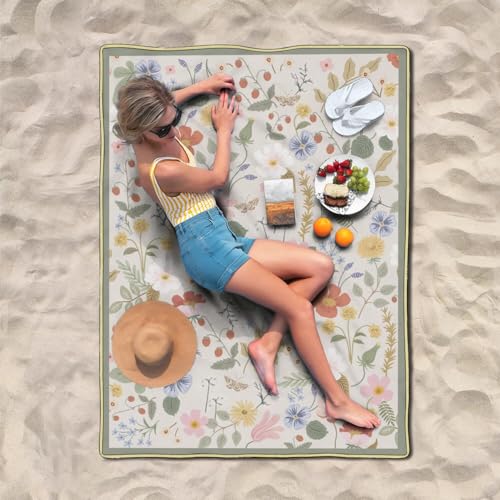 Picnic Blankets Waterproof Foldable - Outdoor Beach Blanket Sandproof, 3-Layer Lightweight Picnic Camping Rugs for Outside - color: Flower2, size: 5' x 6'8" (Rectangular)