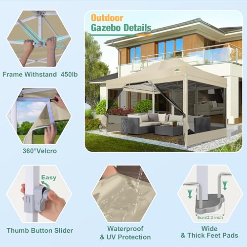 COBIZI 10x15 Canopy Tent, Heavy Duty Pop up Canopy with Sidewalls, Waterproof Easy Setup Canopy with Mosquito Netting, Outdoor Instant Screen Tents for Parties, Wedding, Backyard with Carry Bag, Khaki - color: Khaki, size: 10x15ft