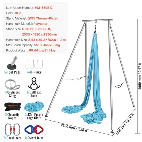 VEVOR Yoga Stand Frame, Max 441-551 lbs Load Swing Stand, Triangular Structure Aerial Rig, Aerial Silk Stands with Yoga Hammock, Standard & Height-Adjustable Version - color: Blue, style: Standard Version