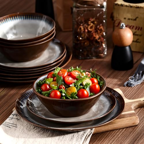 Melamine Dinnerware Set, 12 Pcs Dishware Sets, Plate and Bowl Set Service for 4, Lightweight and Unbreakable Dinnerware Sets for Camping, Great for RV, Dishwasher Safe, Sahara Beige and Blue - color: Sahara Beige