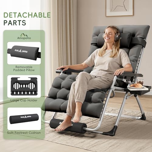 Amopatio Oversized Zero Gravity Chair, XL 29In Reclining Camping Lounge Chair w/Removable Cushion&Headrest, Upgraded Lock and Footrest, Folding Patio Recliner for Indoor Outdoor, Dark Grey - color: Dark Grey XL, size: 29in