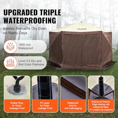 VEVOR Pop Up Gazebo Screen Tent 6 Sided Canopy Sun Shelter with 6 Removable Privacy Wind Cloths & Mesh Windows, 11.5x11.5FT Quick Set Screen Tent with Mosquito Netting, Brown - color: Brown, size: 11.5x11.5ft