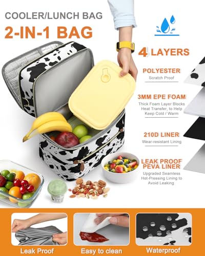 Capolo Lunch Box for Women Men Adults,Double Deck Insulated Lunch Bag Leakproof Lunch Cooler Box with Removable Strap Lunch Tote Bags Reusable Thermal Lunchbox for Work Picnic(Large,Cow print) - color: Cow print, size: Large
