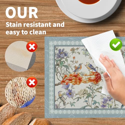 Spring Placemats Set of 4 Blue Birds Flowers Blossom Table Mats Seasonal Spring Floral Place Mats Washable Rustic Holiday Table Decoration for Indoor Outdoor Party Kitchen Dining - color: Blue Bird Flowers