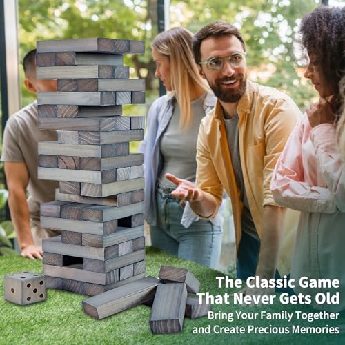 ApudArmis 54 PCS Tumble Timber Set Up to 3.2FT, Pine Wooden Tumble Tower Game with Dice and Scoreboard Set - Classic Block Stacking Board Game for Adults Teenagers (Gray) - color: Gray, size: M-Stack to 3.2 FT