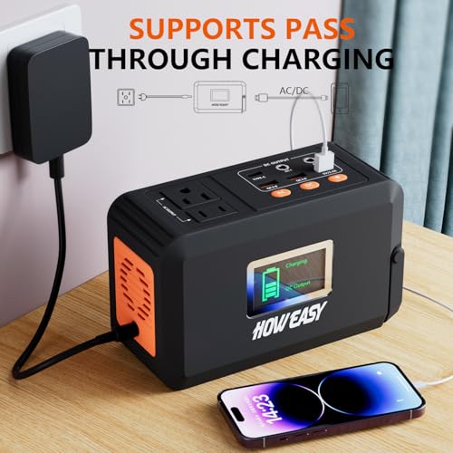 HOWEASY Portable Power Station,120W(240W Peak) Solar Generator,88Wh Lithium Battery Power with 110V AC Outlet/DC/USB/LED Light for Outdoor Camping Trip Hunting Emergency(Solar Panel Optional) - color: Orange