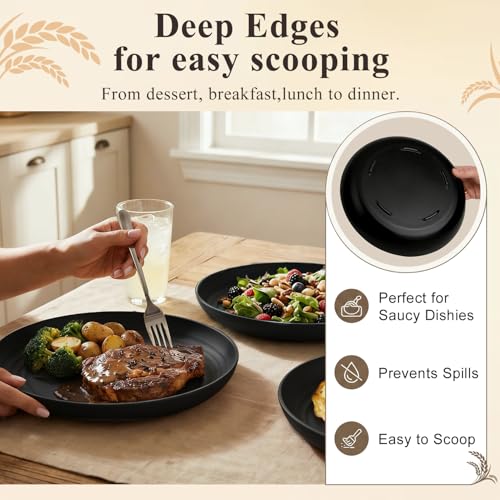 Dinner Plates Set 11 Inch, Unbreakable Wheat Straw Plates 8 PCS, Alternatives to Plastic Plates Rusable, Microwave Safe Camping Plates for Breakfast, Lunch, Dinner - Black - color: Black, size: 11 Inch
