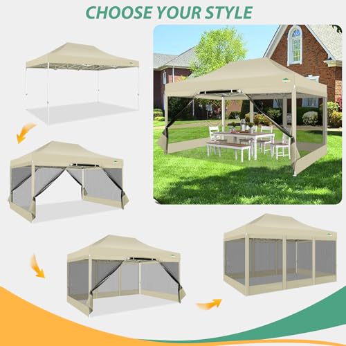 COBIZI 10x15 Heavy Duty Pop up Canopy with 4 Sidewalls, Canopy Tent with Mosquito Netting, Easy up Screen Party Tents for Parties Wedding Patio Backyard Commercial Gazebo with Handbag, Khaki - color: Khaki, size: 10x15ft(standard)