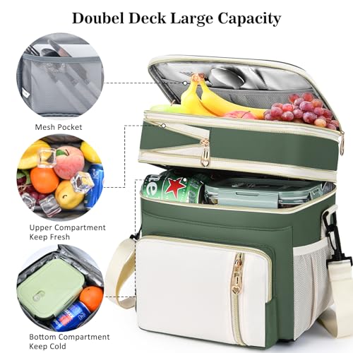 Lunch Box & Lunch Bag for Women Men, Large Insulated Adult Lunch Box Leakproof Lunchbox Cooler Bag for Work Picnic Beach,16L, Army Green & White - color: Army Green