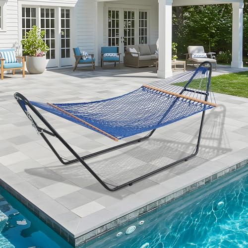 Lazy Daze Hammocks 12FT Double Rope Hammocks, 2 Person Hand Woven Cotton Hammock with Spreader Bar for Outside, Patio, Poolside, FIT 13-15 FT Stand, Max 450 Lbs, Blue, 141 x 57 inches - color: Blue