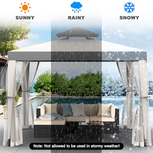 Gazebo, 10'x10' Patio Gazebo Outdoor Waterproof Canopy Tent UV-Resistant 2-Tier Top Sturdy Canopy Shelter Tent for Camping with Removable Netting for Garden Patio Backyard (Grey & White, 10' x 10') - color: Grey & White